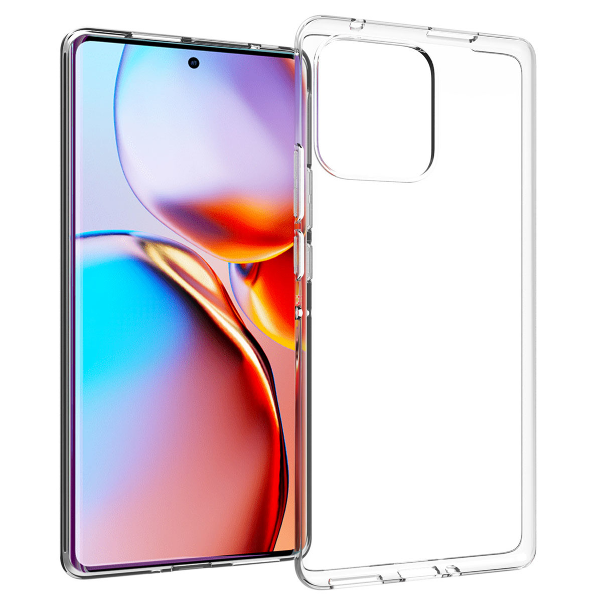 Een smartphone met een kleurrijk scherm staat naast een transparante telefoonhoes.