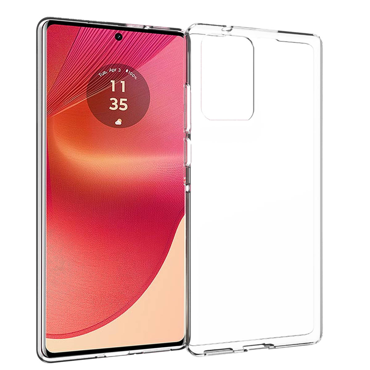 Uno smartphone con data e ora sullo schermo, racchiuso in una custodia protettiva trasparente.