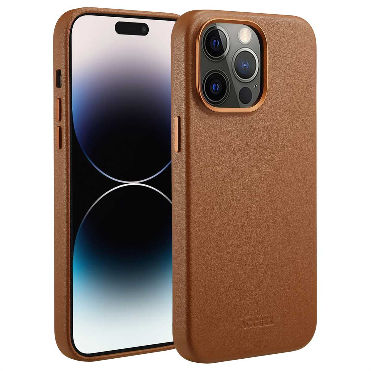 Twee bruine leren telefoonhoesjes. Eén toont het telefoonscherm. De andere toont de cameralenzen en het merk ACCEZZ.