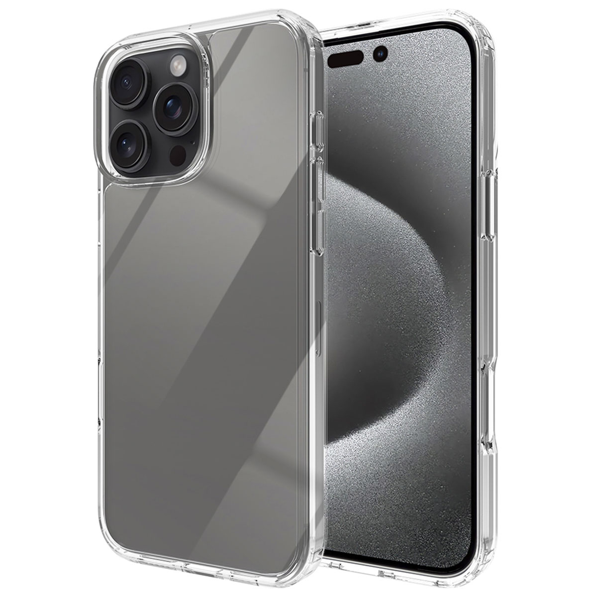 Coque de téléphone transparente. La coque entoure un téléphone gris, montrant l'appareil photo et l'écran. La coque a une bordure transparente.