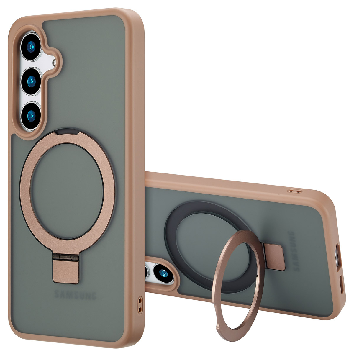 Deux étuis de téléphone, un debout, l'autre sur le côté. Les deux ont un support d'anneau et un ensemble de caméras.