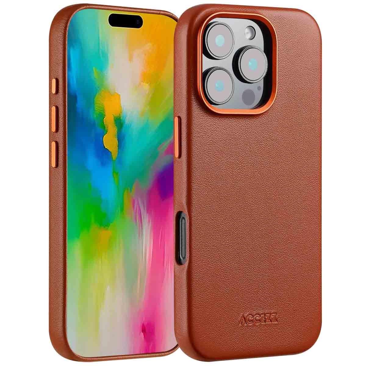 Deux étuis de téléphone marron avec un iPhone. Un étui montre l'écran du téléphone, l'autre son dos, avec des objectifs d'appareil photo.
