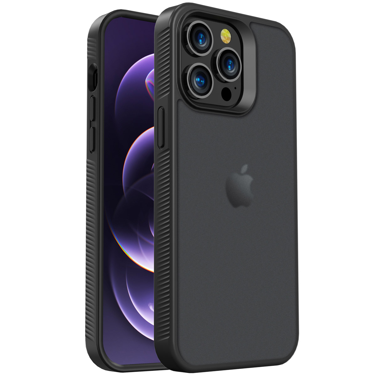 iPhone noir dans un étui de protection. Le téléphone a un appareil photo à trois objectifs et un logo Apple. L'écran affiche un motif violet.