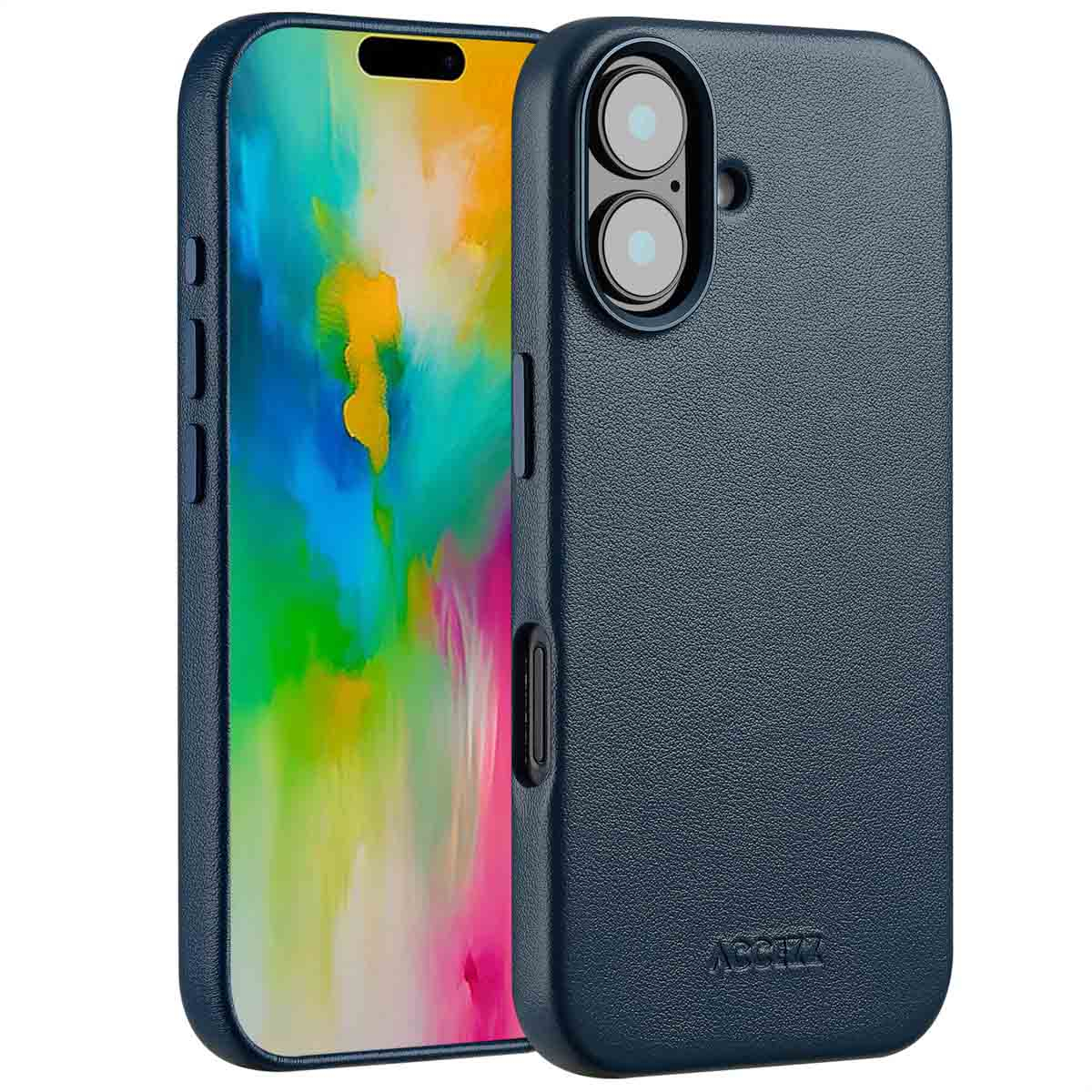 Une coque de téléphone bleu foncé à côté d'un téléphone. Le téléphone affiche une image abstraite colorée. La coque a une surface texturée.