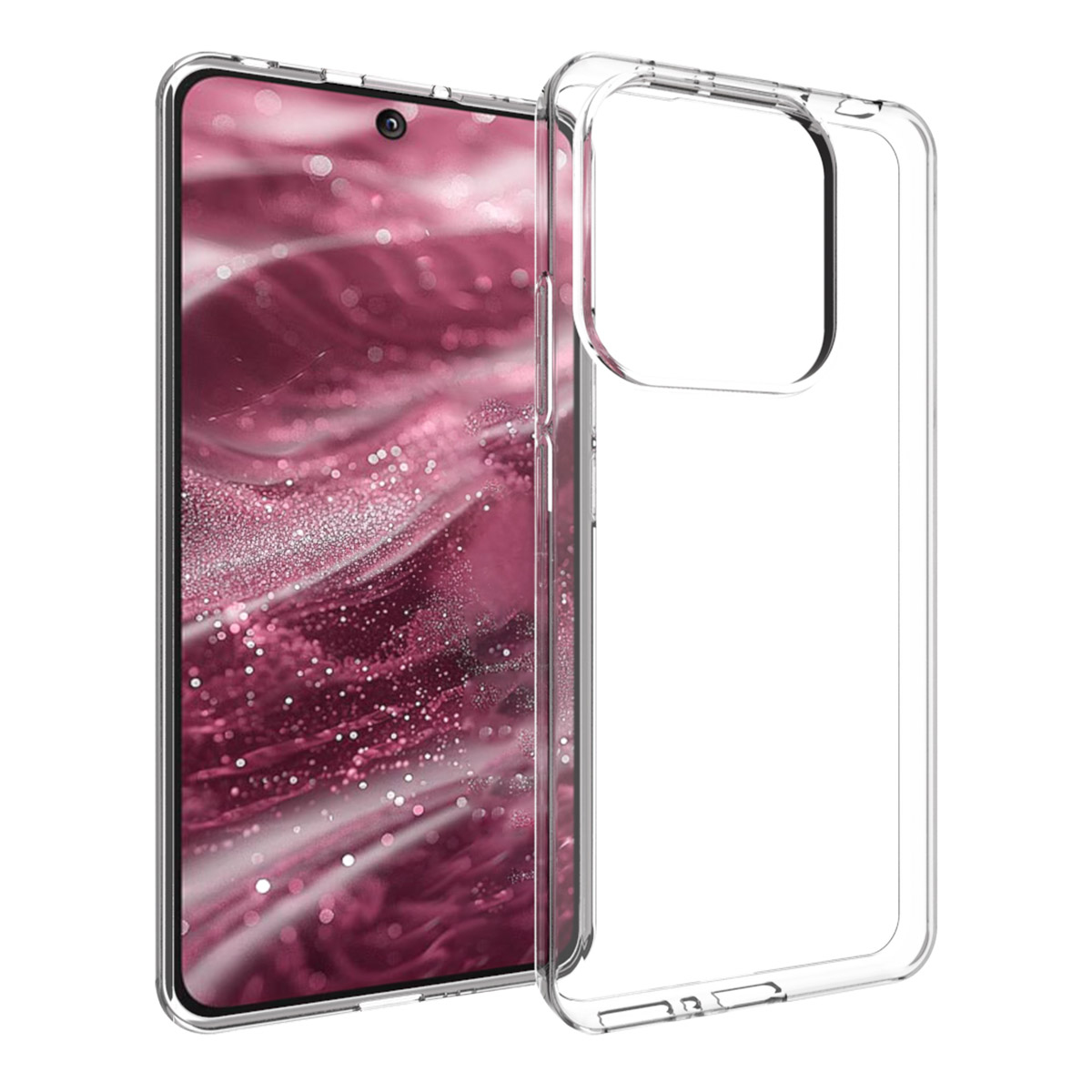 Transparante telefoonhoes naast een smartphone met roze achtergrond. De hoes is transparant en toont het scherm.
