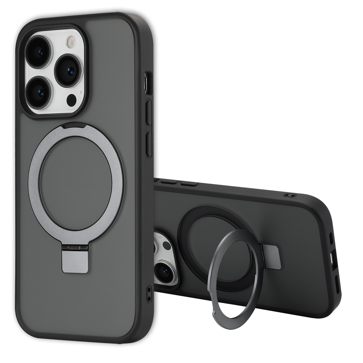 Due custodie nere per telefono con supporti ad anello argentati. Una è in posizione verticale, l'altra è sdraiata. Entrambe hanno ritagli per la fotocamera.
