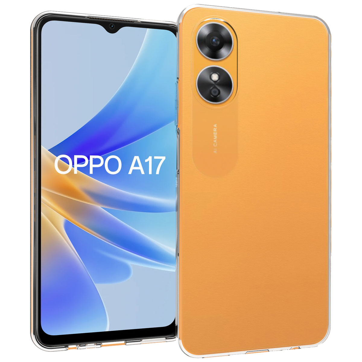 Un telefono Oppo A17 in una custodia arancione. Lo schermo mostra il nome del telefono. Il retro ha due fotocamere. Una custodia trasparente lo protegge.