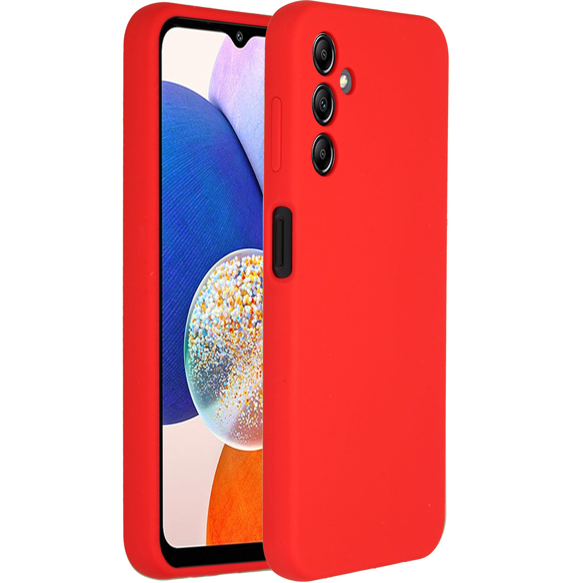 Een rode telefoonhoes met een smartphone erin. De telefoon heeft een blauw en wit scherm. De hoes heeft drie cameralenzen.