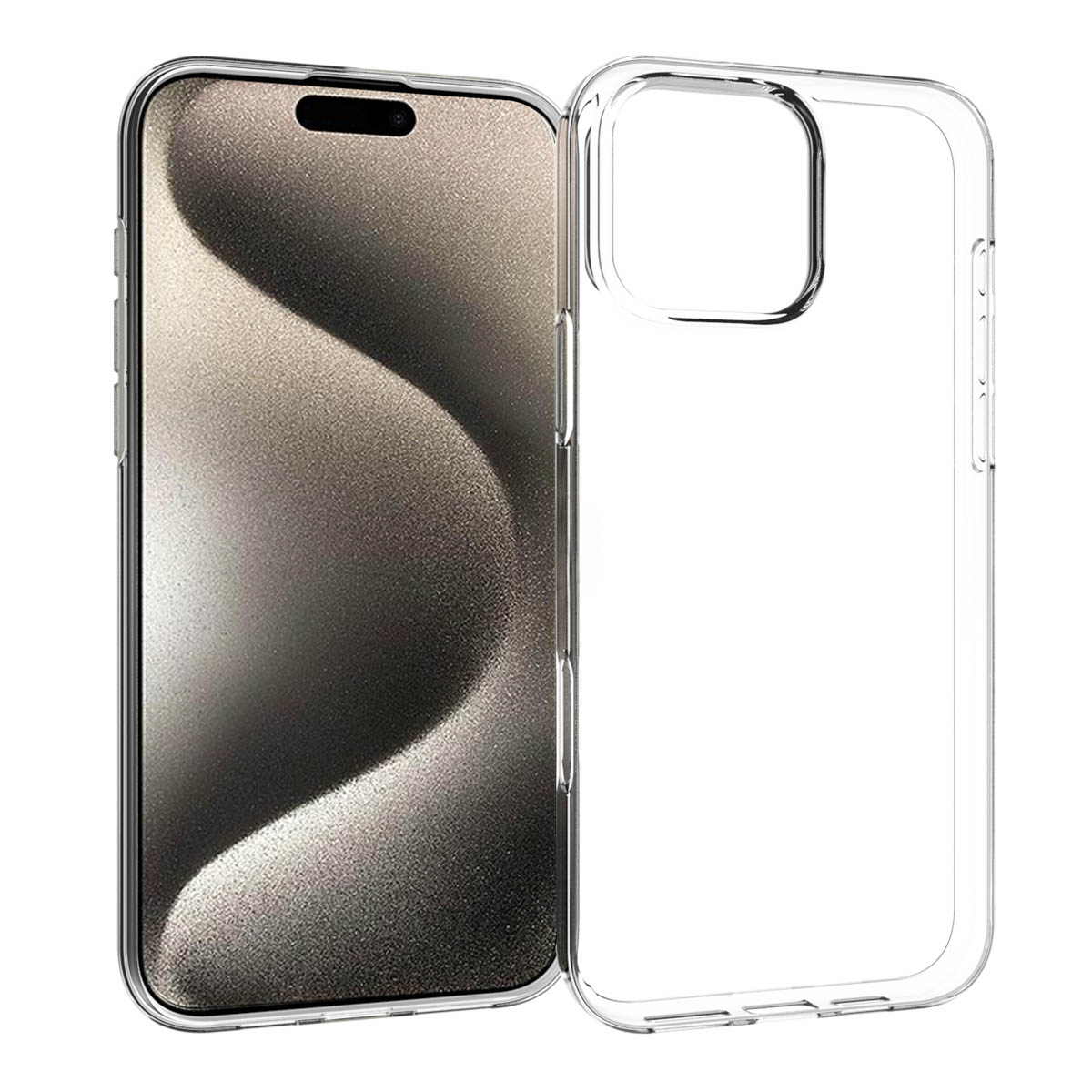 Een doorzichtige telefoonhoes naast een telefoon. Het telefoonscherm toont een grijs golfpatroon. De hoes is transparant.