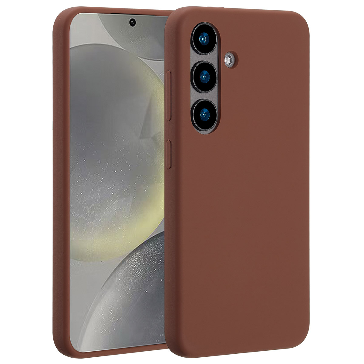 Een bruine telefoonhoes, met de voor- en achterkant van een smartphone. De achterkant heeft drie camera's. Het scherm toont een wazige afbeelding.