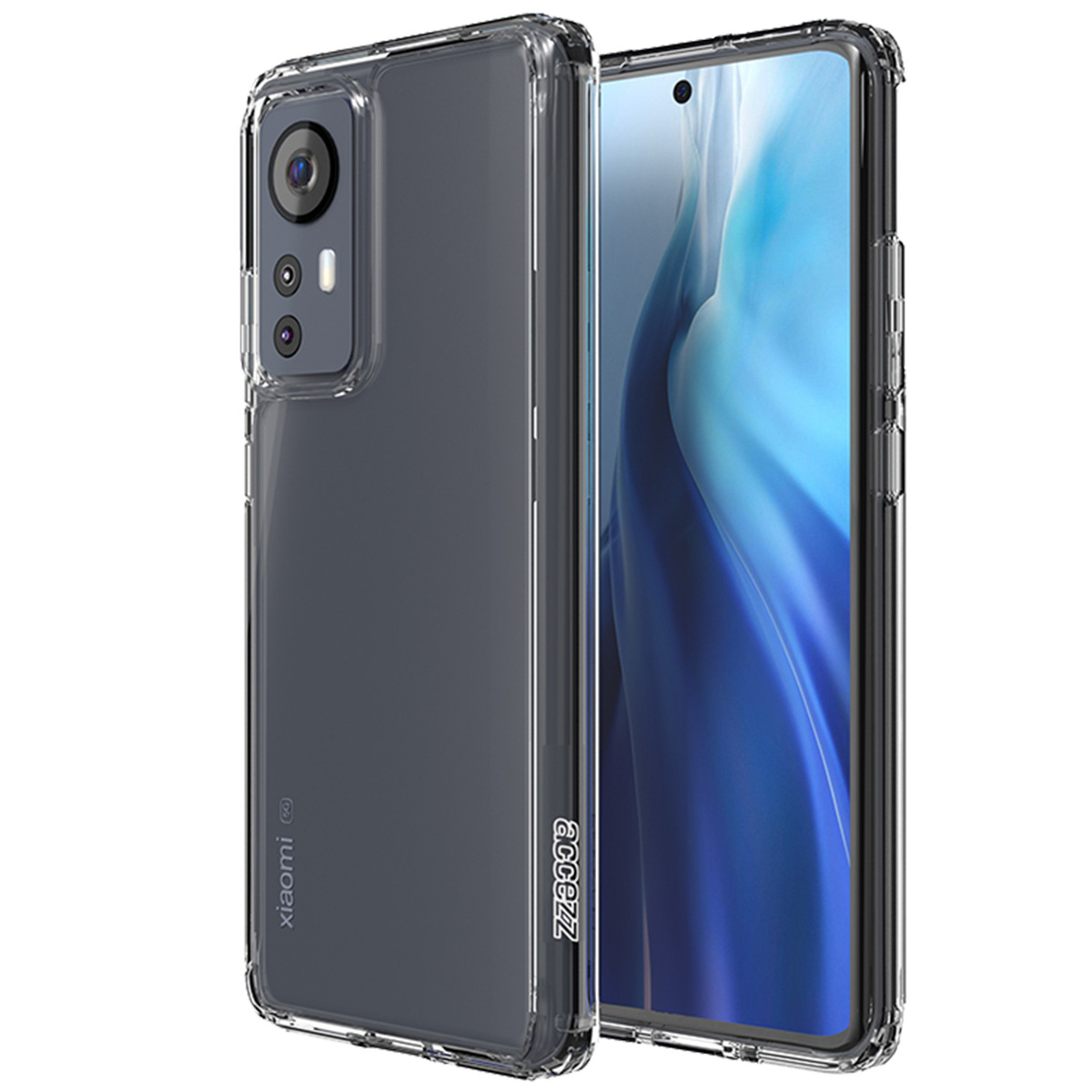Twee transparante telefoonhoesjes, een links met een telefoon erin. De rechterhoes is leeg. Beide op een witte achtergrond.