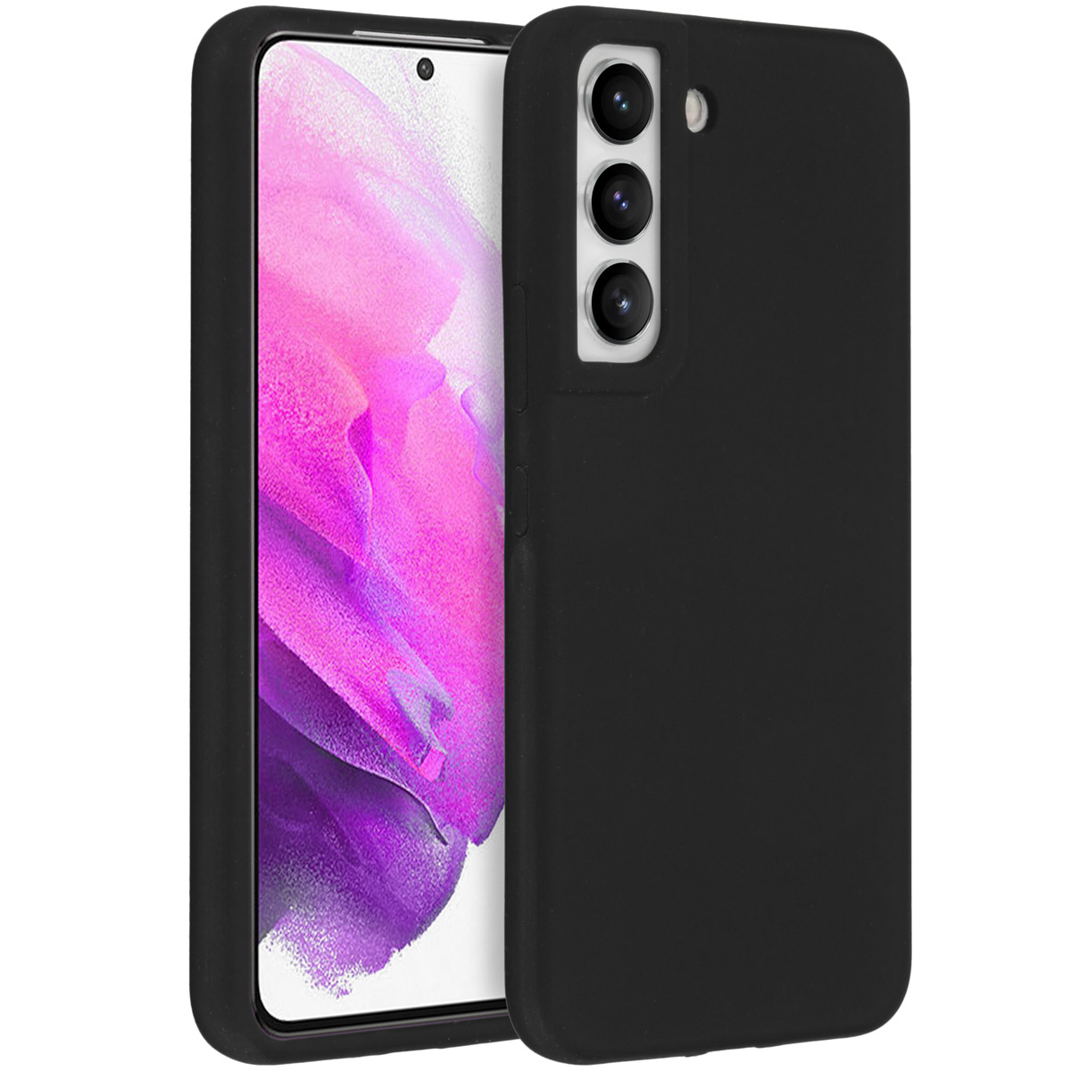 Schwarze Handyhülle mit Smartphone. Das Telefon hat einen rosa-lila Bildschirm. Die Hülle hat einen Kameraausschnitt.