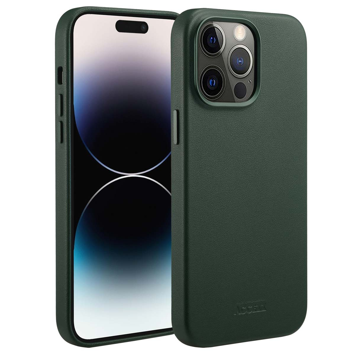 Een groene iPhone 14 Pro in een bijpassende hoes. De telefoon staat uit en toont een blauw-witte achtergrond. De hoes is getextureerd.
