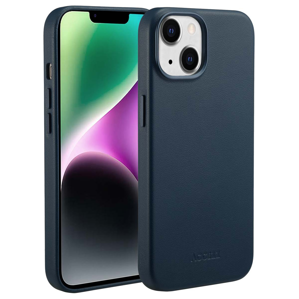 Twee marineblauwe telefoonhoesjes, een met een telefoon erin. De hoesjes hebben een leertextuur. Het telefoonscherm is zichtbaar.