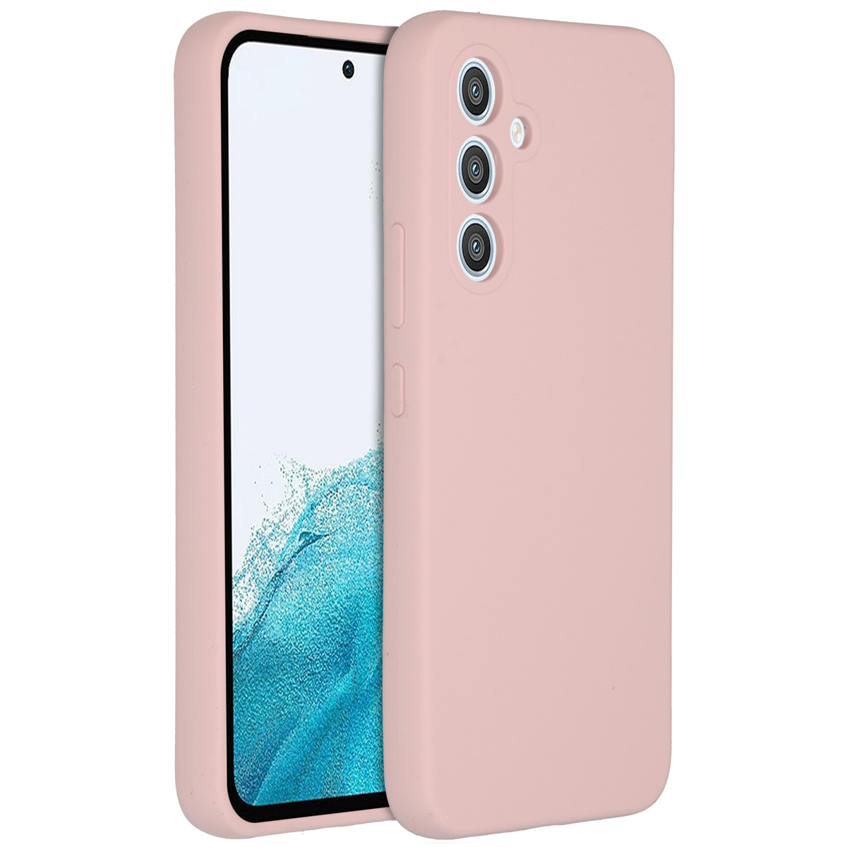 Een roze telefoonhoesje en een telefoon worden weergegeven. Het telefoonscherm is zichtbaar. De hoes heeft cameragaten.