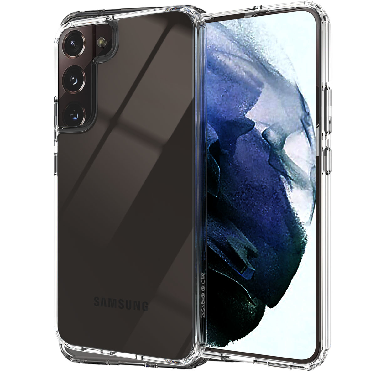 Une coque transparente protège un téléphone Samsung. Le téléphone affiche un design coloré. La coque a une découpe pour l'appareil photo.