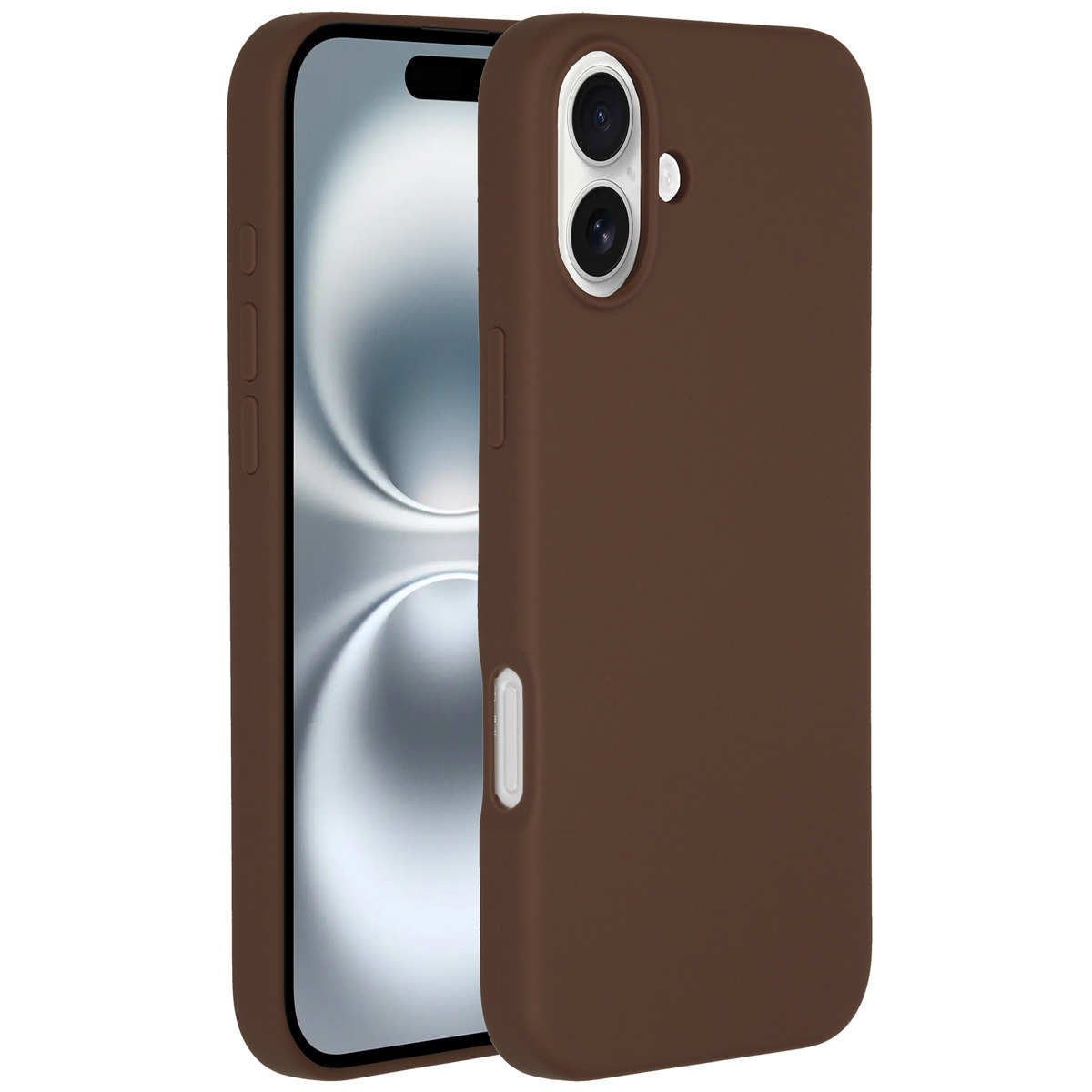 Une coque de téléphone marron avec un téléphone à l'intérieur. Le téléphone a un écran argenté. La coque a des trous pour la caméra et des boutons.