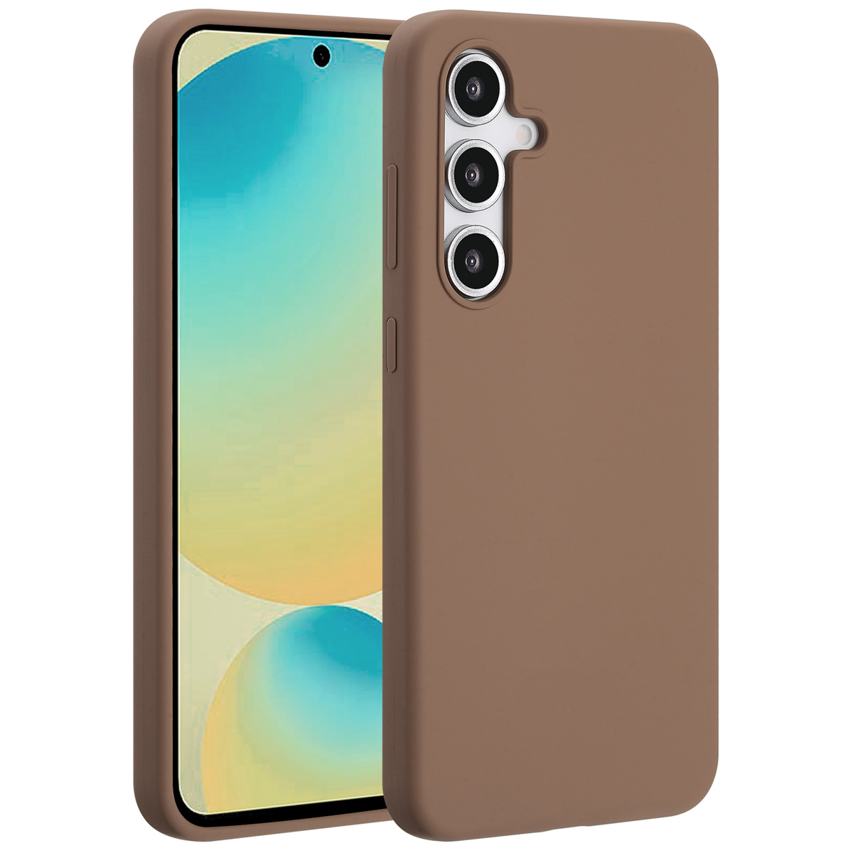 Une coque de téléphone marron avec un téléphone à l'intérieur. L'étui a trois lentilles de caméra. L'écran du téléphone est visible.