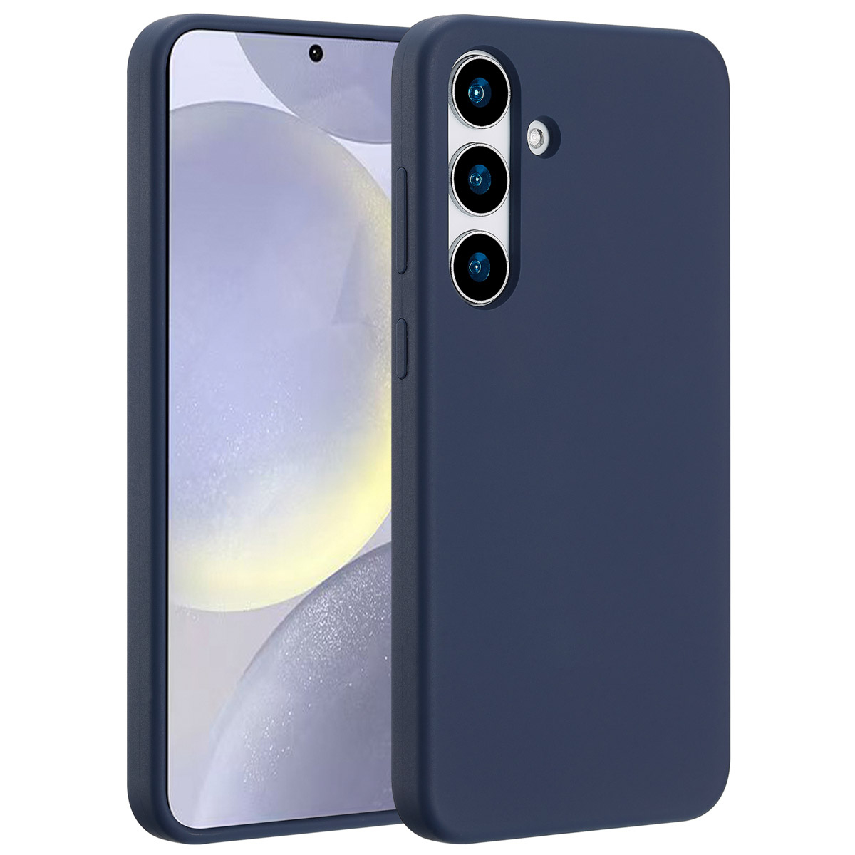 Een marineblauwe telefoonhoes ligt naast een telefoon. De telefoon heeft een scherm en een camera, en de hoes een uitsparing.
