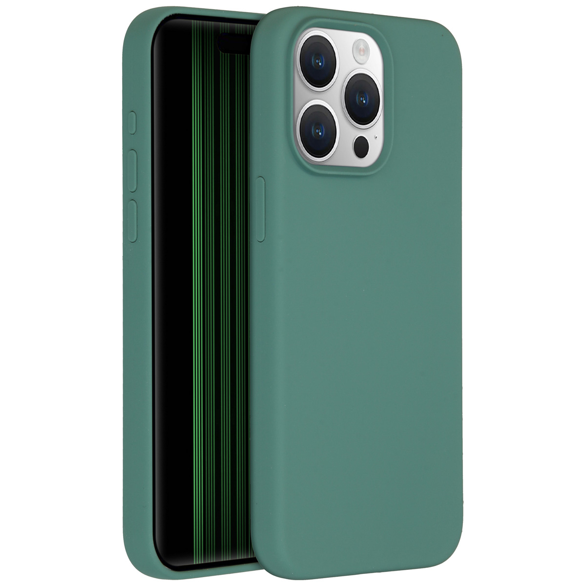 Een groene telefoonhoes met een telefoon erin. De telefoon heeft een zwart scherm met verticale groene lijnen. De hoes heeft uitsparingen voor de camera.
