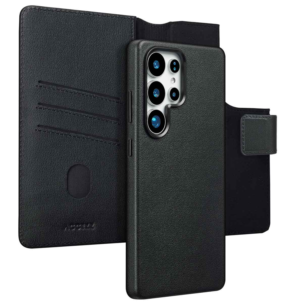 Zwarte telefoonhoes met portemonnee-functie. Het is open, met kaartsleuven. De hoes heeft camera's.