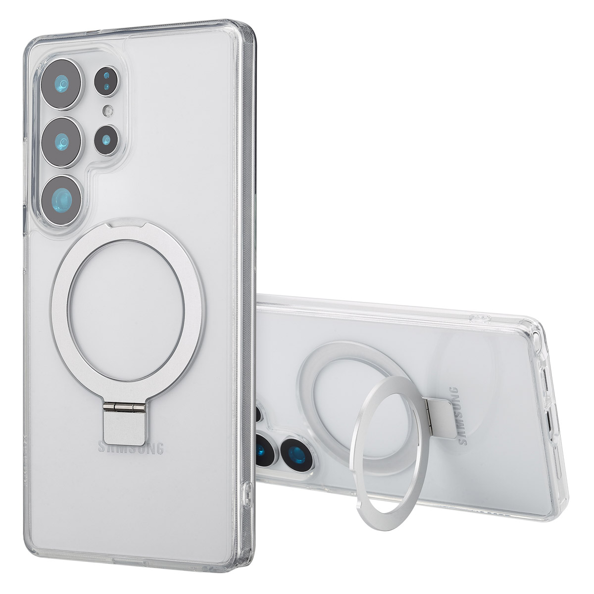 Coque de téléphone transparente avec support annulaire argenté, présentant un téléphone Samsung. La coque est transparente, montrant l'arrière et les caméras.