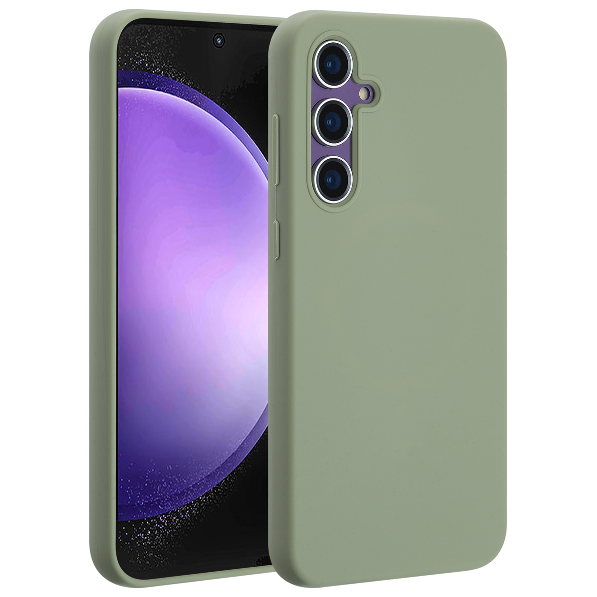 Een groene telefoonhoes en een smartphone. Het scherm van de telefoon toont een paarse gradiënt. De hoes heeft camera-uitsparingen en knoppen.