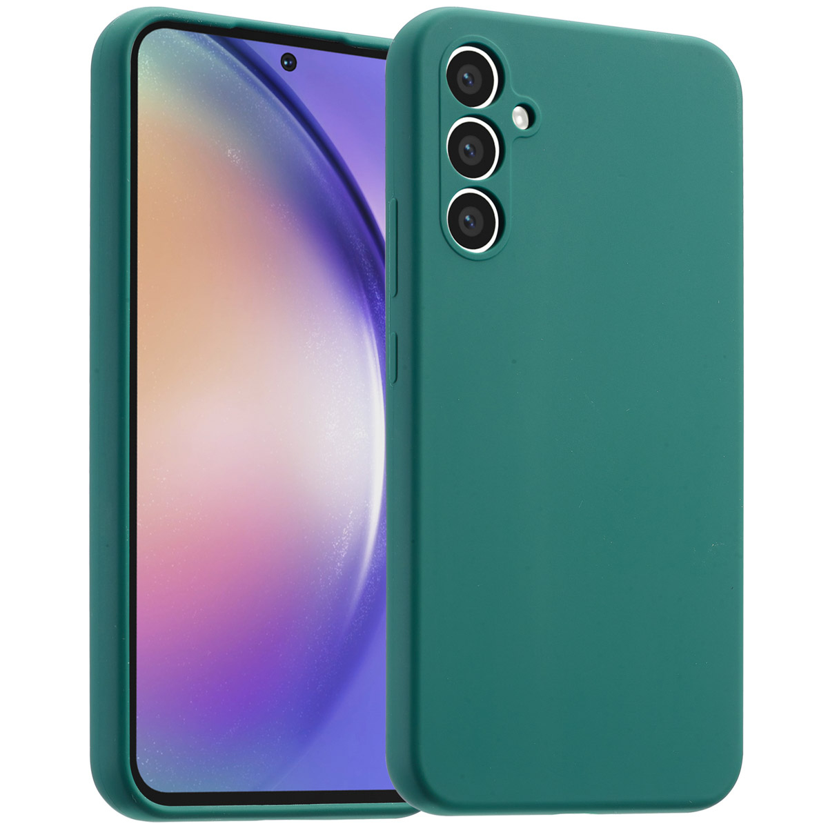 Een groene telefoonhoes en een telefoon. De telefoon heeft een scherm en cameralenzen. De hoes is ook groen.