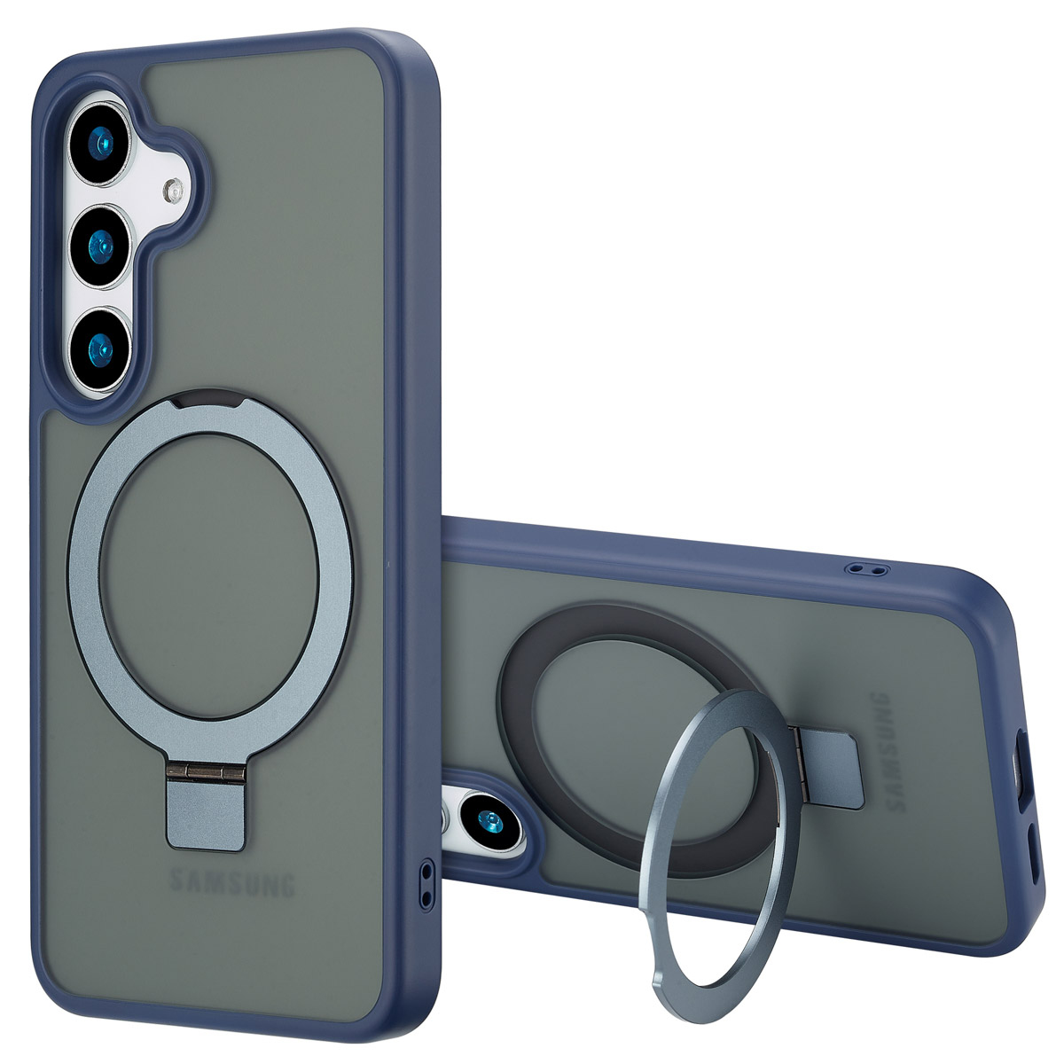 Twee blauw-grijze telefoonhoesjes met ringhouders worden getoond. Eén staat, de ander ligt met de ring omhoog.