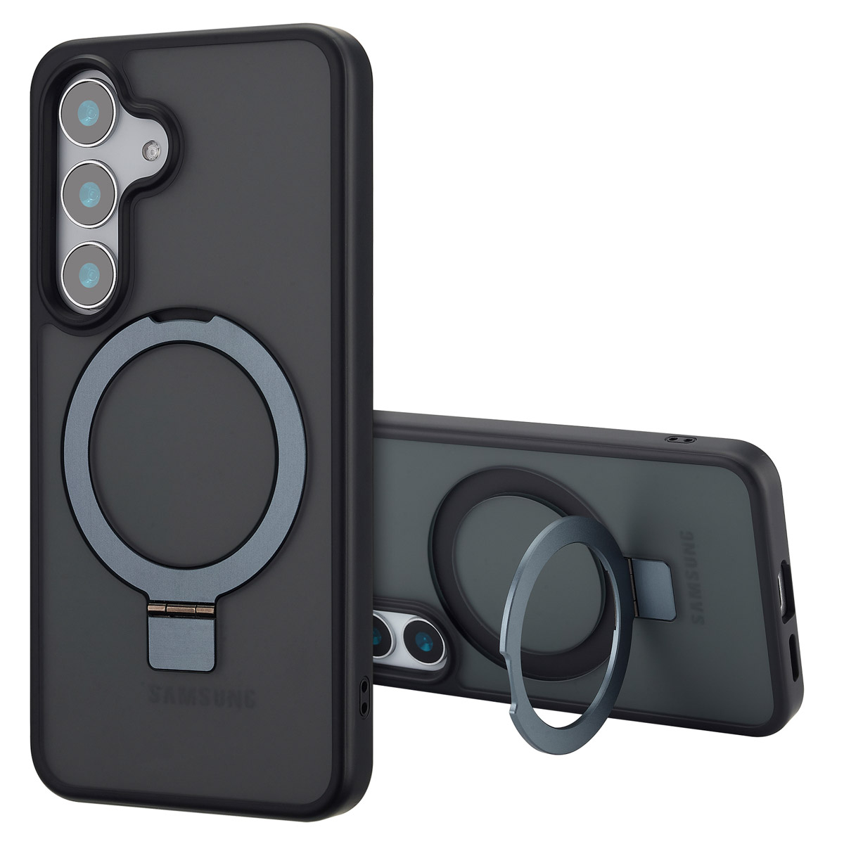 Zwarte telefoonhoes met een grijze ringhouder. De hoes is schuin geplaatst, wat de camera van de telefoon en de functionaliteit van de houder laat zien.