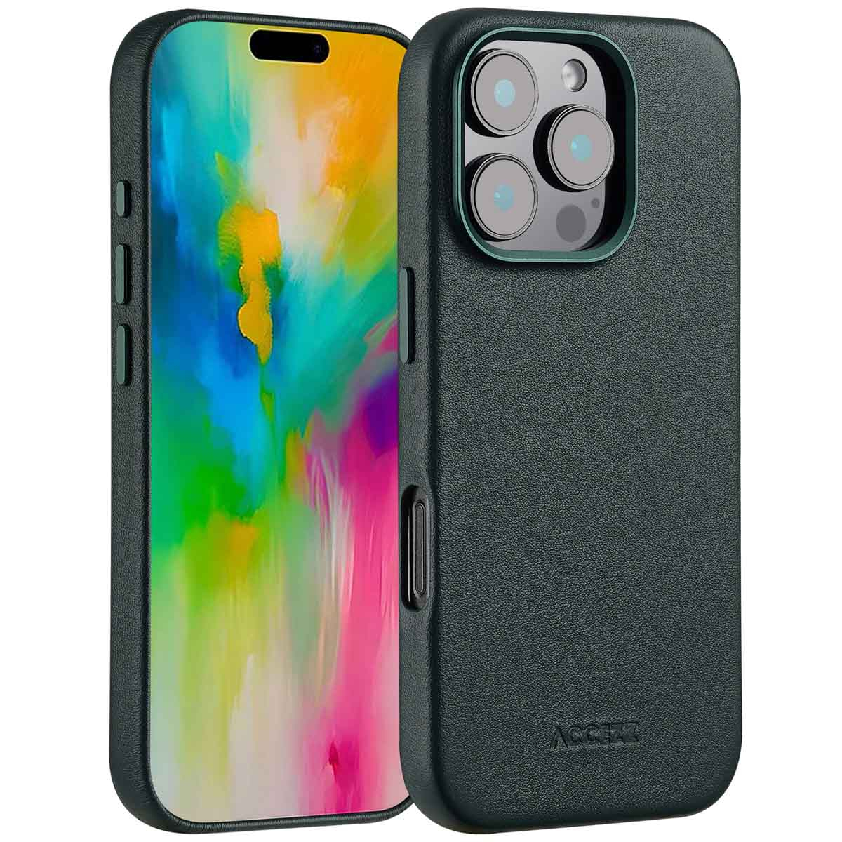 Deux coques noires pour iPhone. L'une montre l'écran avec un art abstrait coloré, l'autre l'arrière du téléphone avec l'appareil photo.