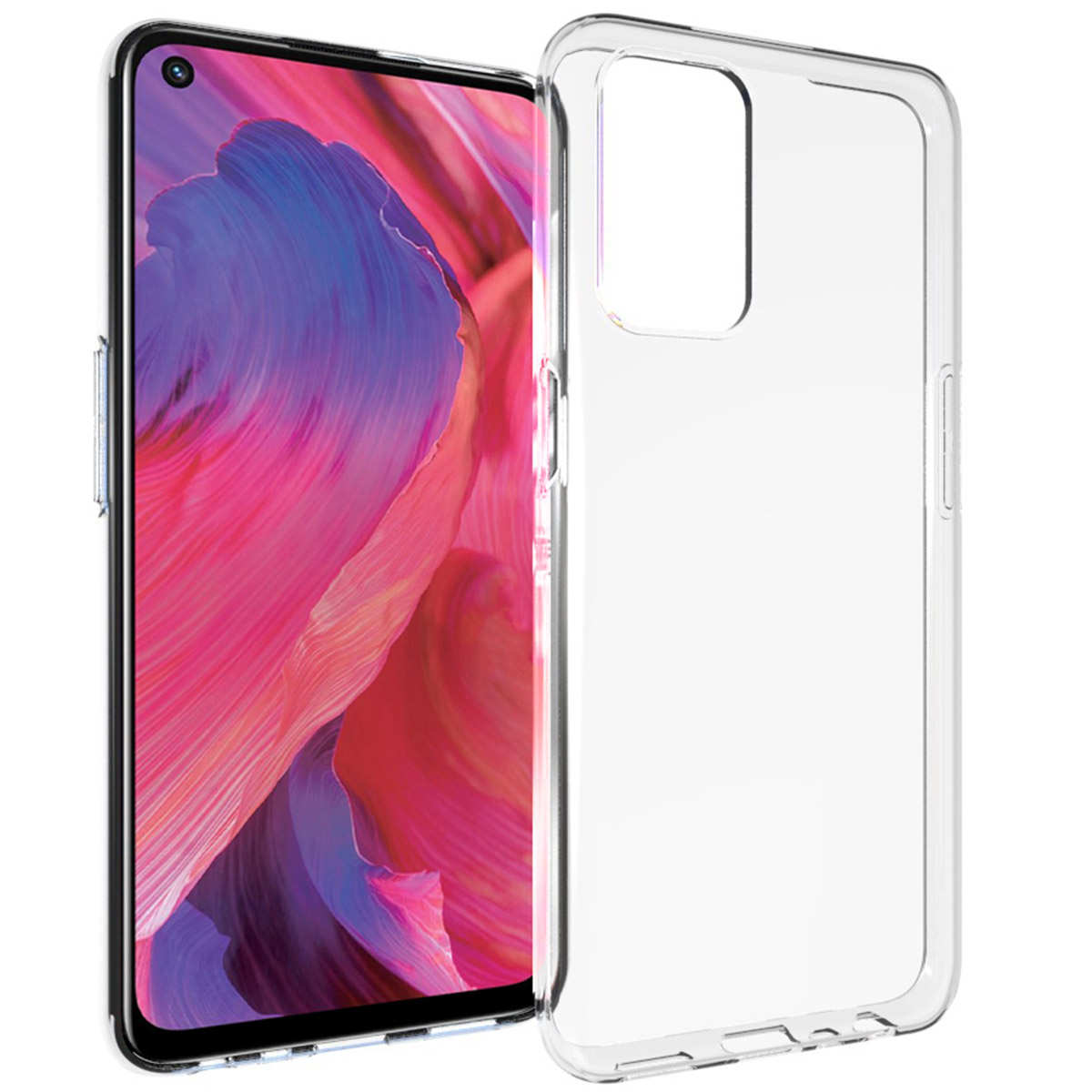 Een smartphone met een kleurrijk scherm en een transparante beschermhoes. Het scherm toont roze, paarse en witte kleuren.