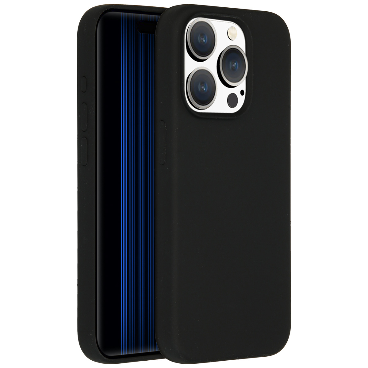 Eine schwarze Handyhülle mit einem Handy darin. Das Telefon hat einen schwarzen Bildschirm mit blauen Linien. Die Hülle hat mehrere Kameralinsen.