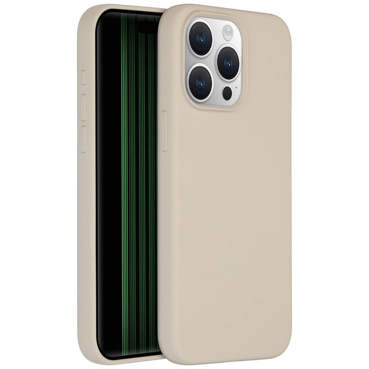 Een beige telefoonhoesje naast een smartphone met een zwart scherm. Het scherm toont groene verticale lijnen. De hoes heeft uitsparingen voor de camera.