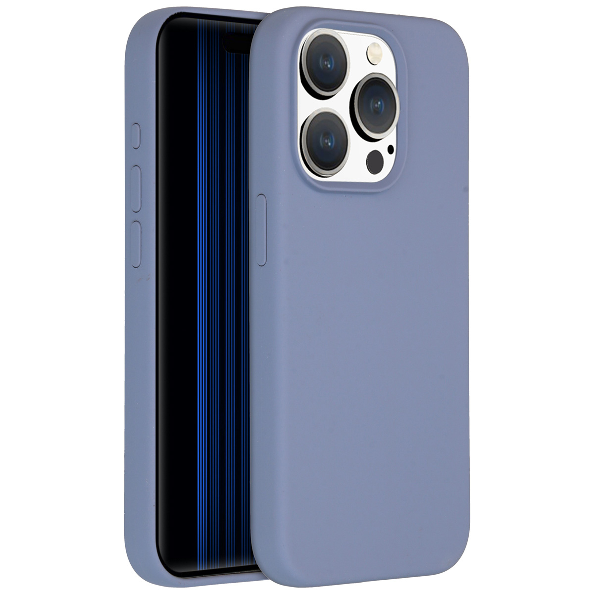 Eine lavendelfarbene Handyhülle mit einem Telefon darin. Das Telefon hat einen schwarzen Bildschirm mit blauen Linien. Die Hülle hat drei Kameralinsen.
