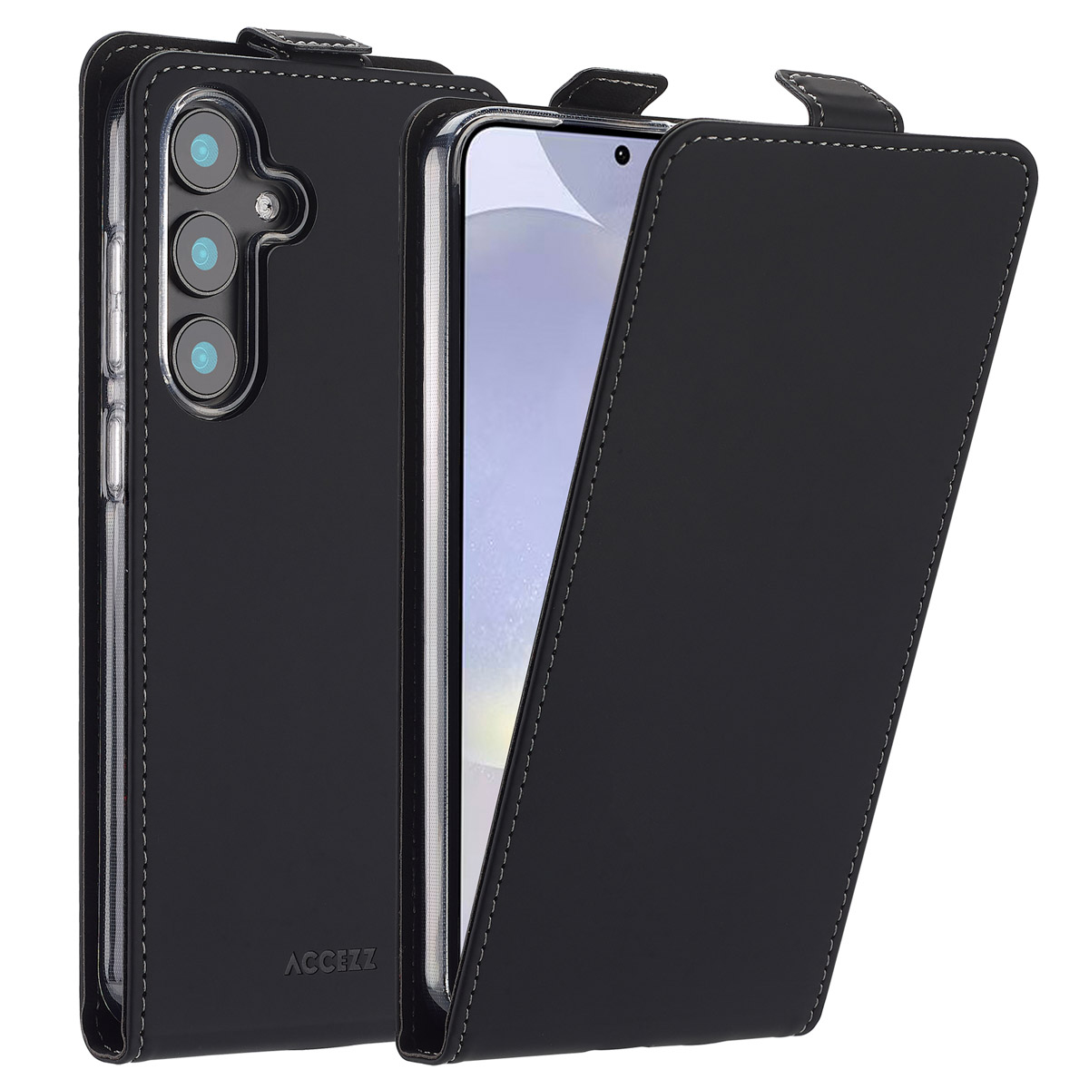 Étui de téléphone noir avec un téléphone à l'intérieur. L'étui est ouvert, montrant l'écran. Le dos a trois caméras.