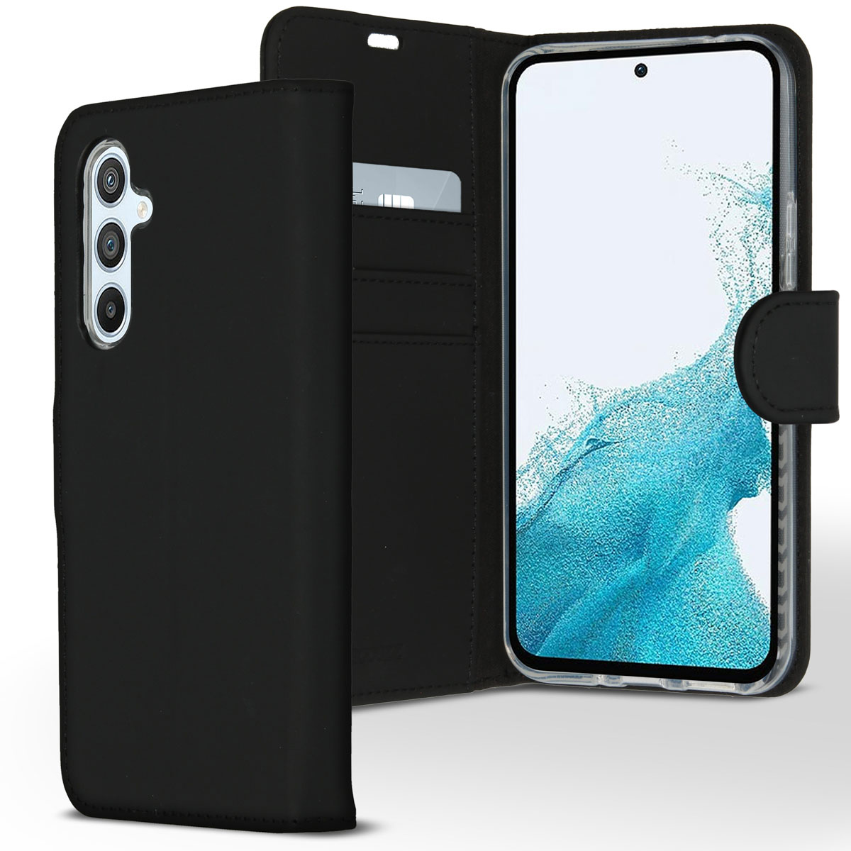 Zwarte telefoonhoes open, met een telefoon met wit scherm en creditcard. De hoes is leerachtig met een magnetische sluiting.