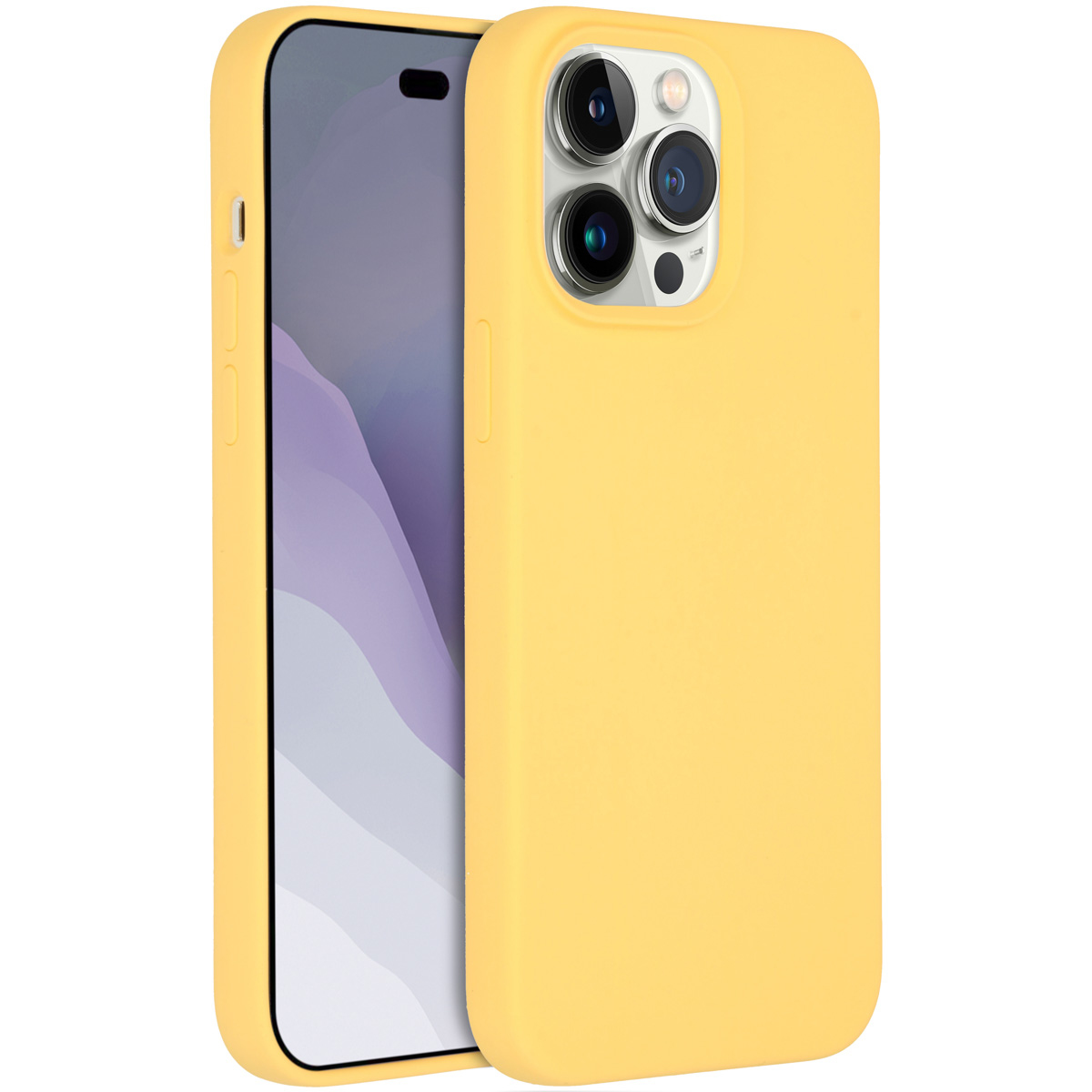 Une coque de téléphone jaune avec un téléphone à l'intérieur. Le téléphone a un écran noir avec des formes violettes et blanches. La coque a des trous pour l'appareil photo.