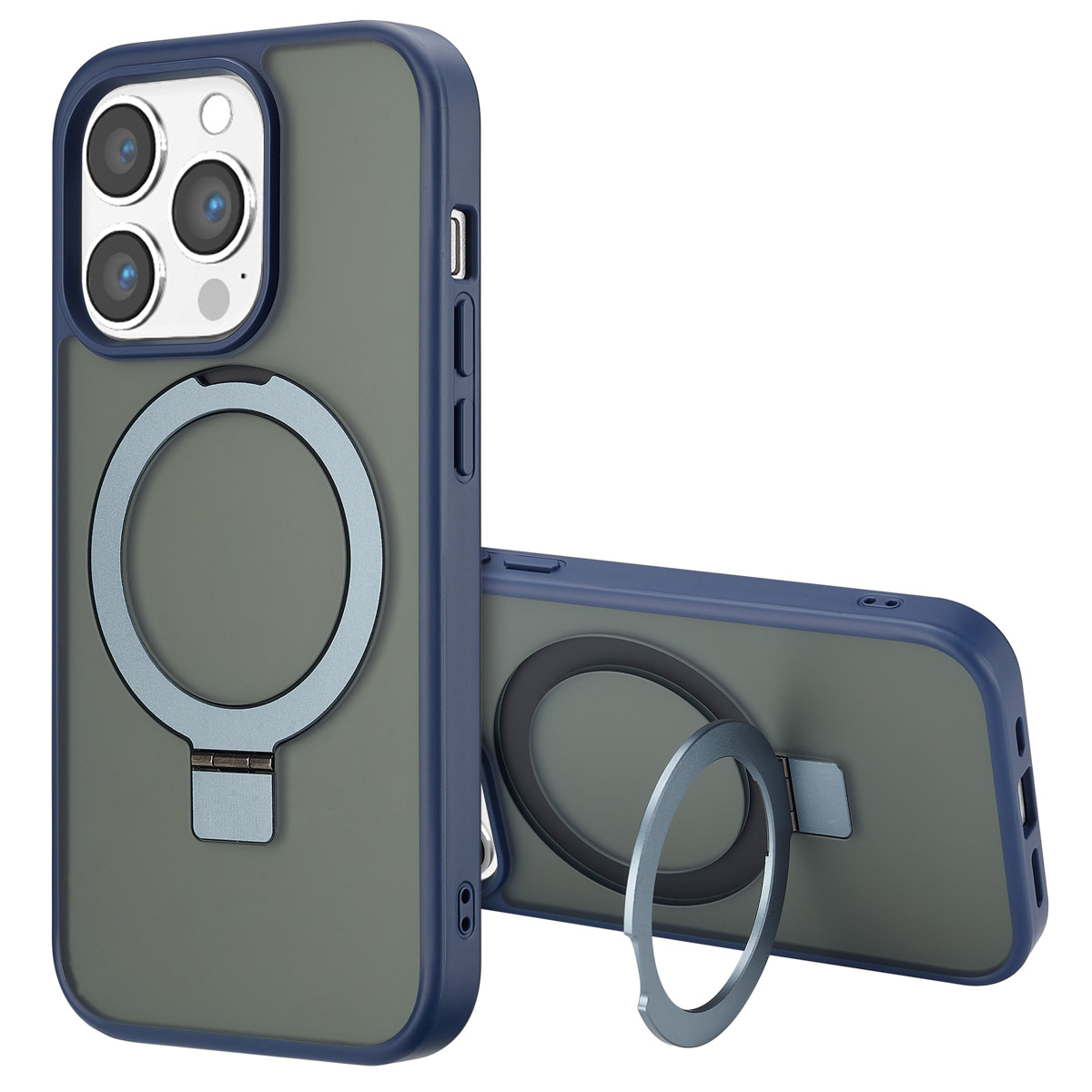 Deux coques de téléphone. Une debout, l'autre couchée. Les deux ont un cadre bleu, un dos vert et un anneau argenté. Celle debout a des objectifs.