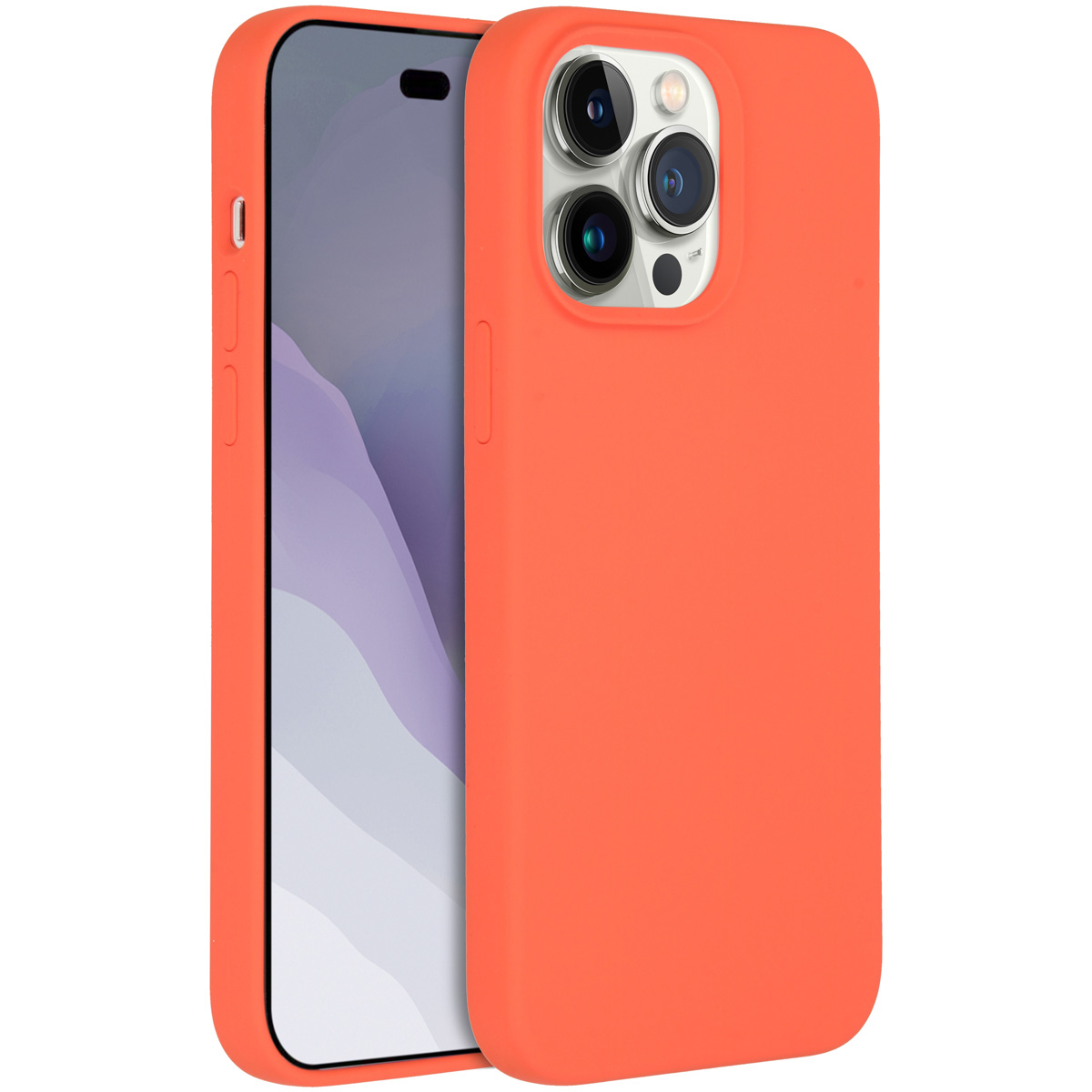 Une coque de téléphone orange sur fond blanc. Il y a un téléphone à l'intérieur. La coque a une découpe pour l'appareil photo.