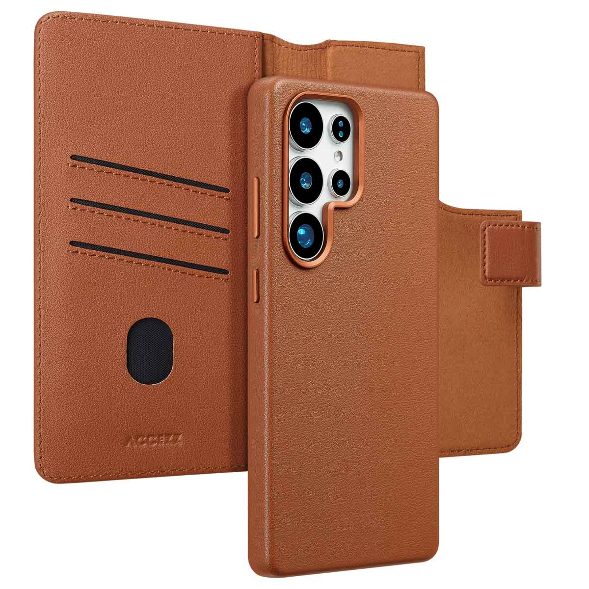 Bruine leren telefoonhoes. Met kaartsleuven, telefoonhouder en magnetische sluiting.
