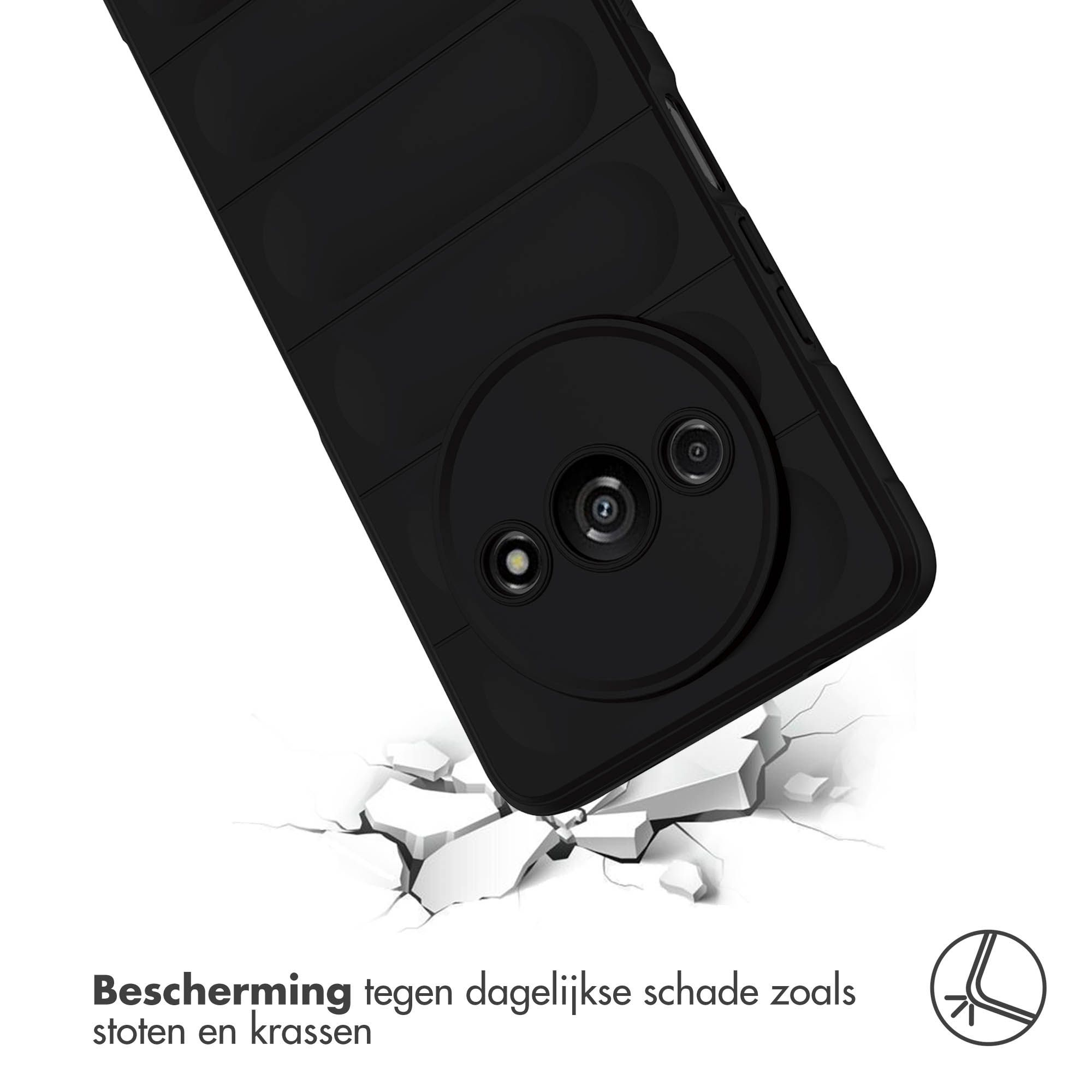 Coque de téléphone noire inclinée vers le bas, brisant une surface blanche. Le texte indique 'Protection contre les dommages quotidiens'.
