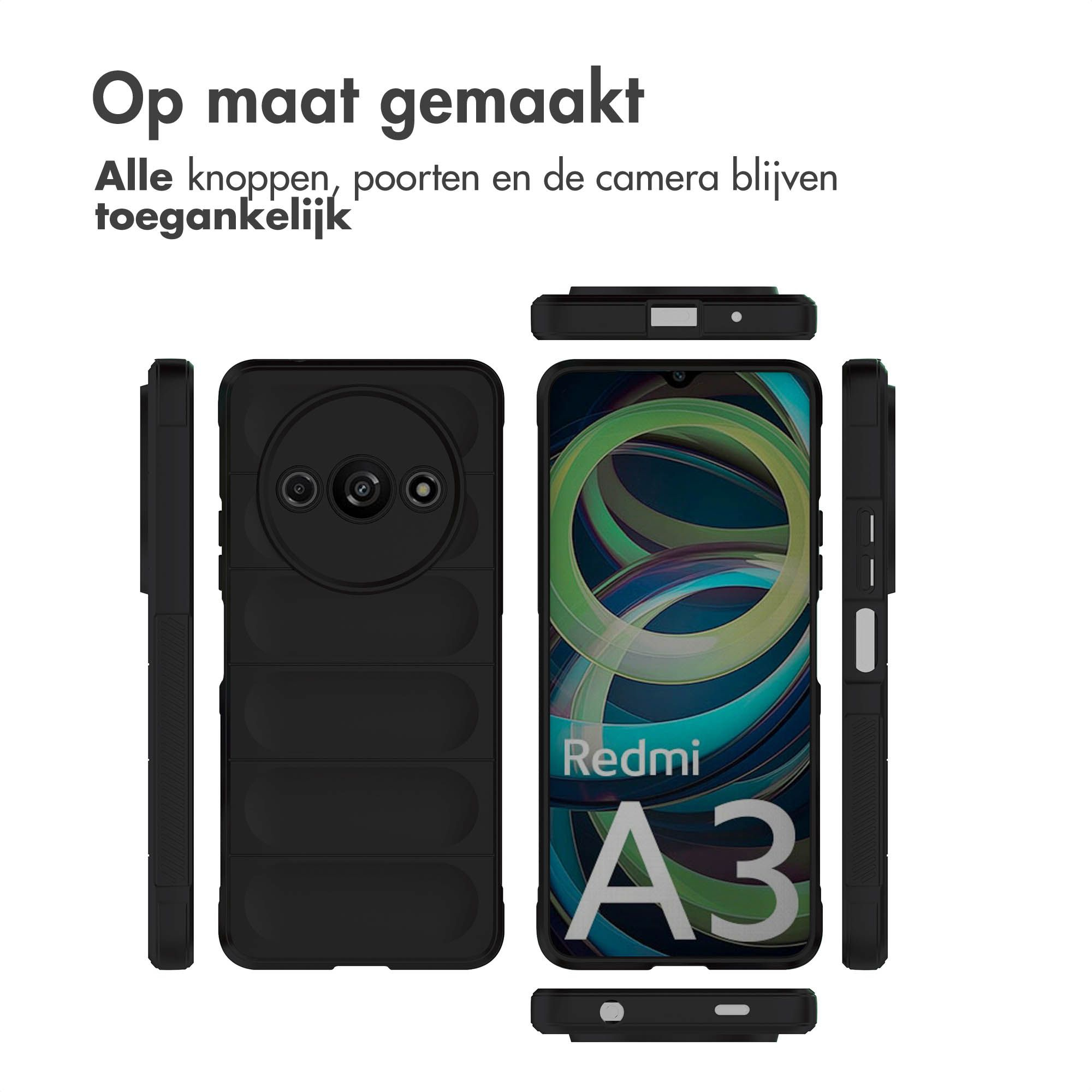 Coque de téléphone noire avec téléphone et texte. Le téléphone affiche le logo Redmi A3.