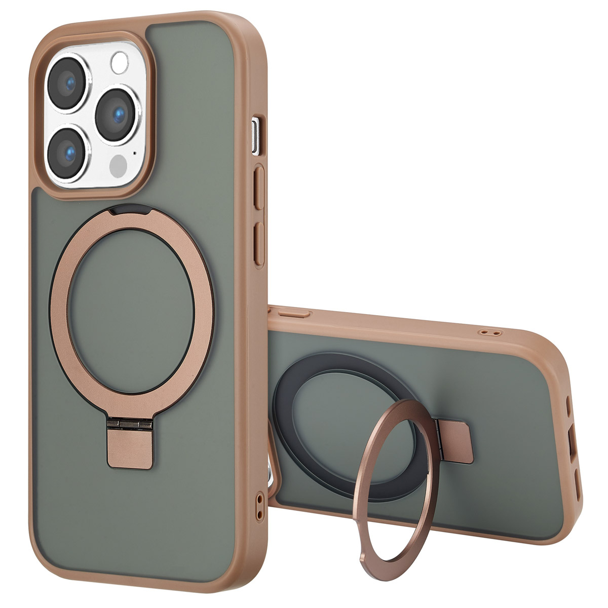 Deux coques de téléphone. Une debout, une couchée. Les deux sont vert olive avec un support annulaire et un cadre marron.