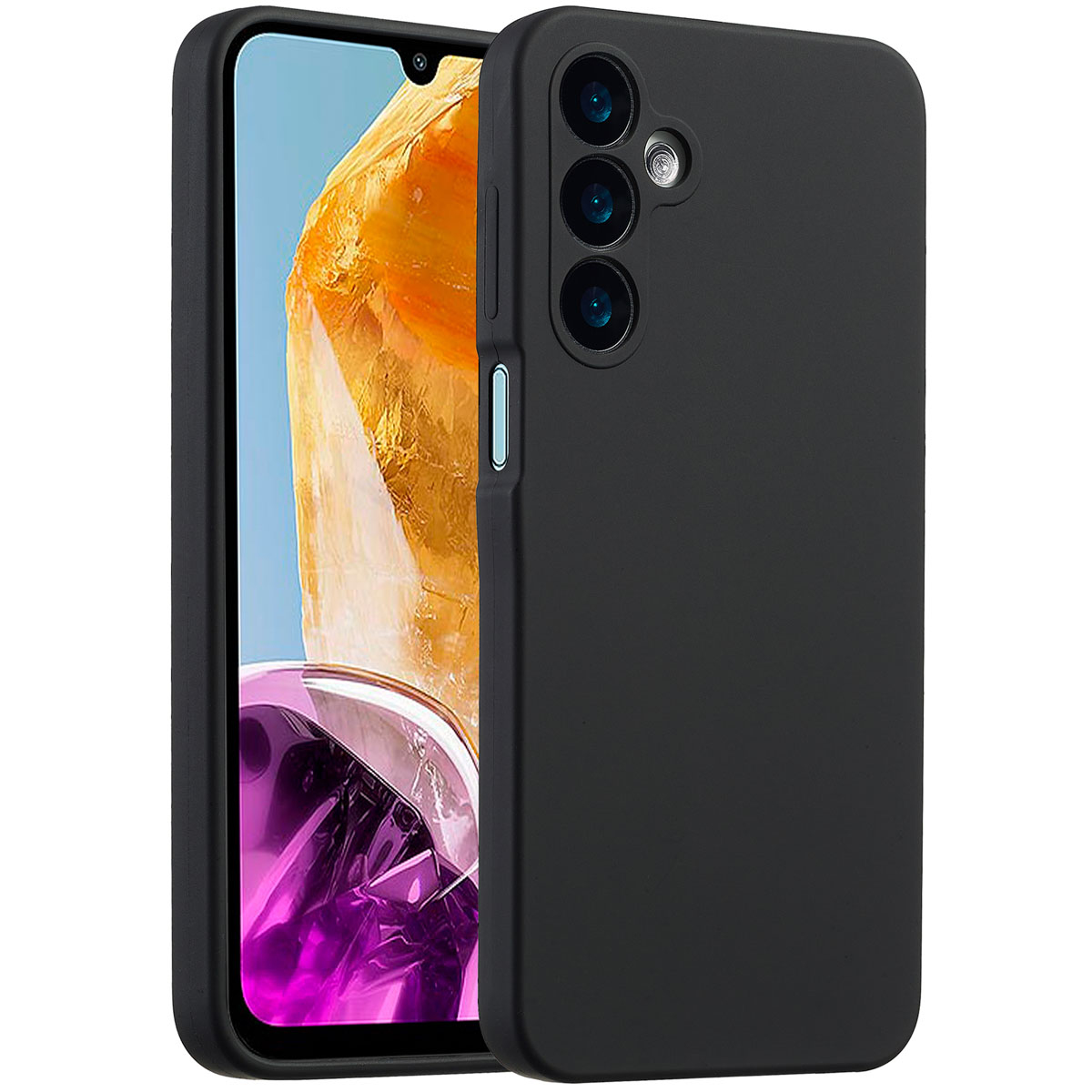 Ein schwarzes Telefon in einer Hülle. Der Bildschirm zeigt ein gelbes und lila Design. Die Hülle hat eine Kamera und Knöpfe.