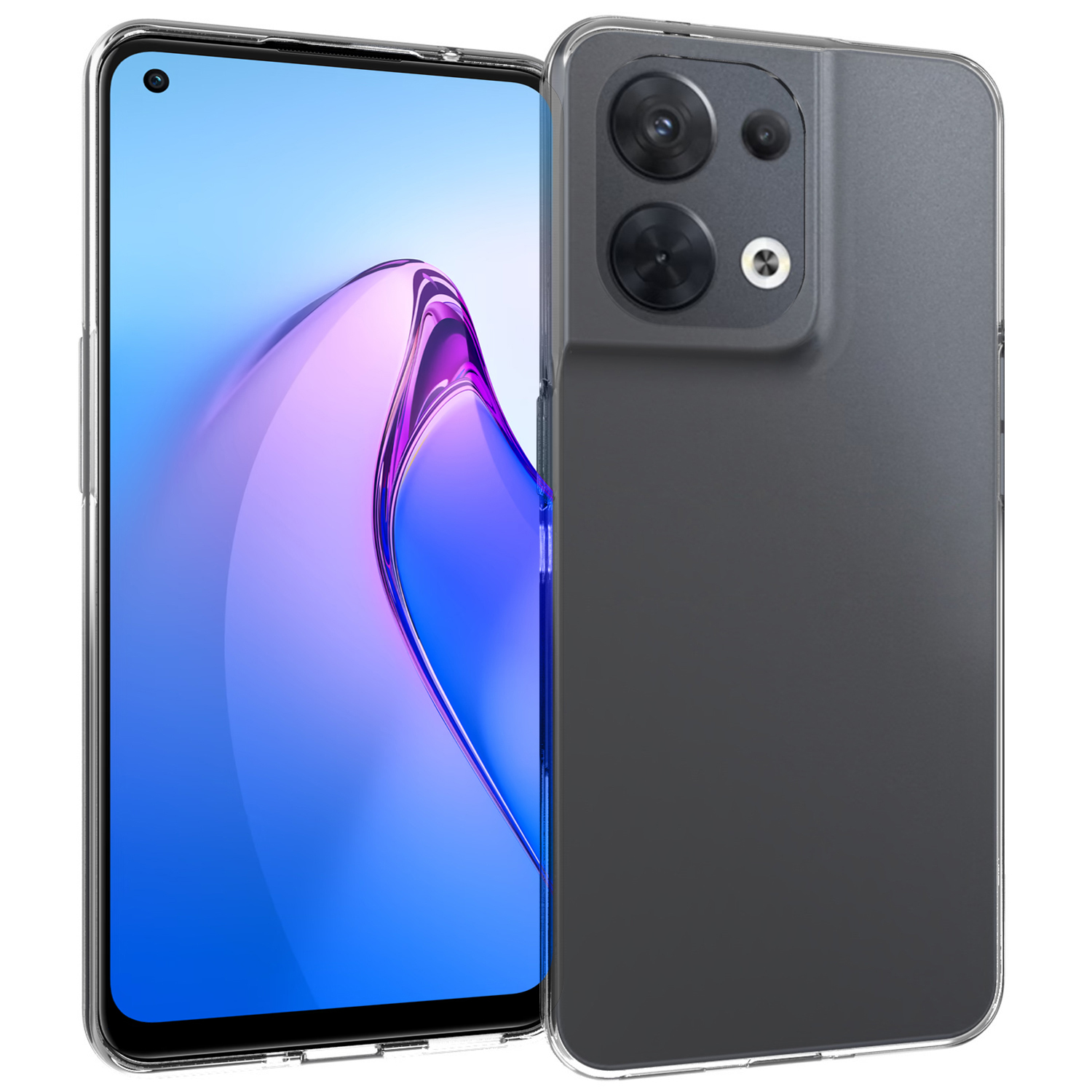 Uno smartphone in una custodia trasparente, su sfondo bianco. Il telefono ha uno schermo a sinistra e il retro a destra.