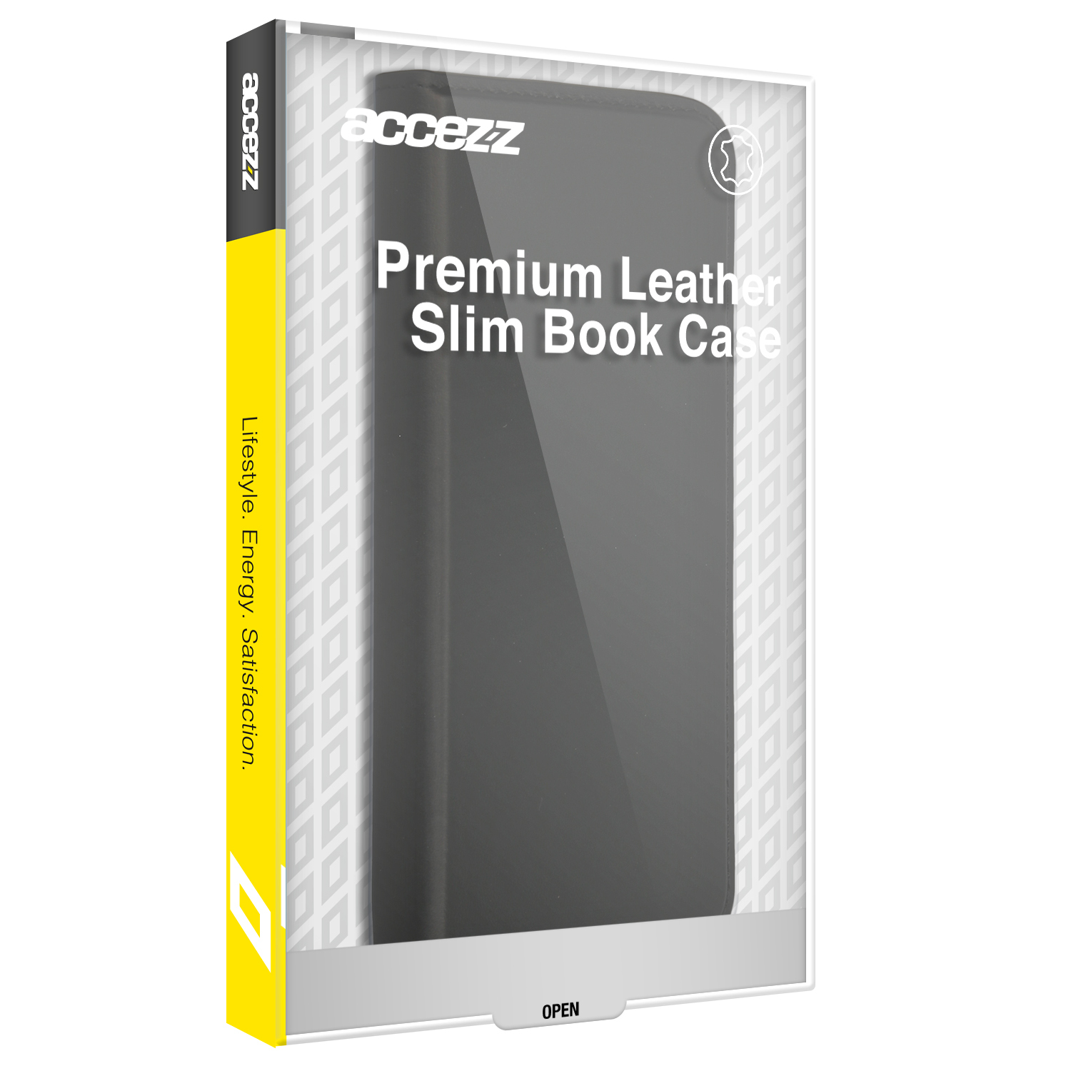 Een telefoonhoesje in een doos. Het is een premium leren slim book case. De doos is wit met gele zijkanten. De merknaam is accezz.