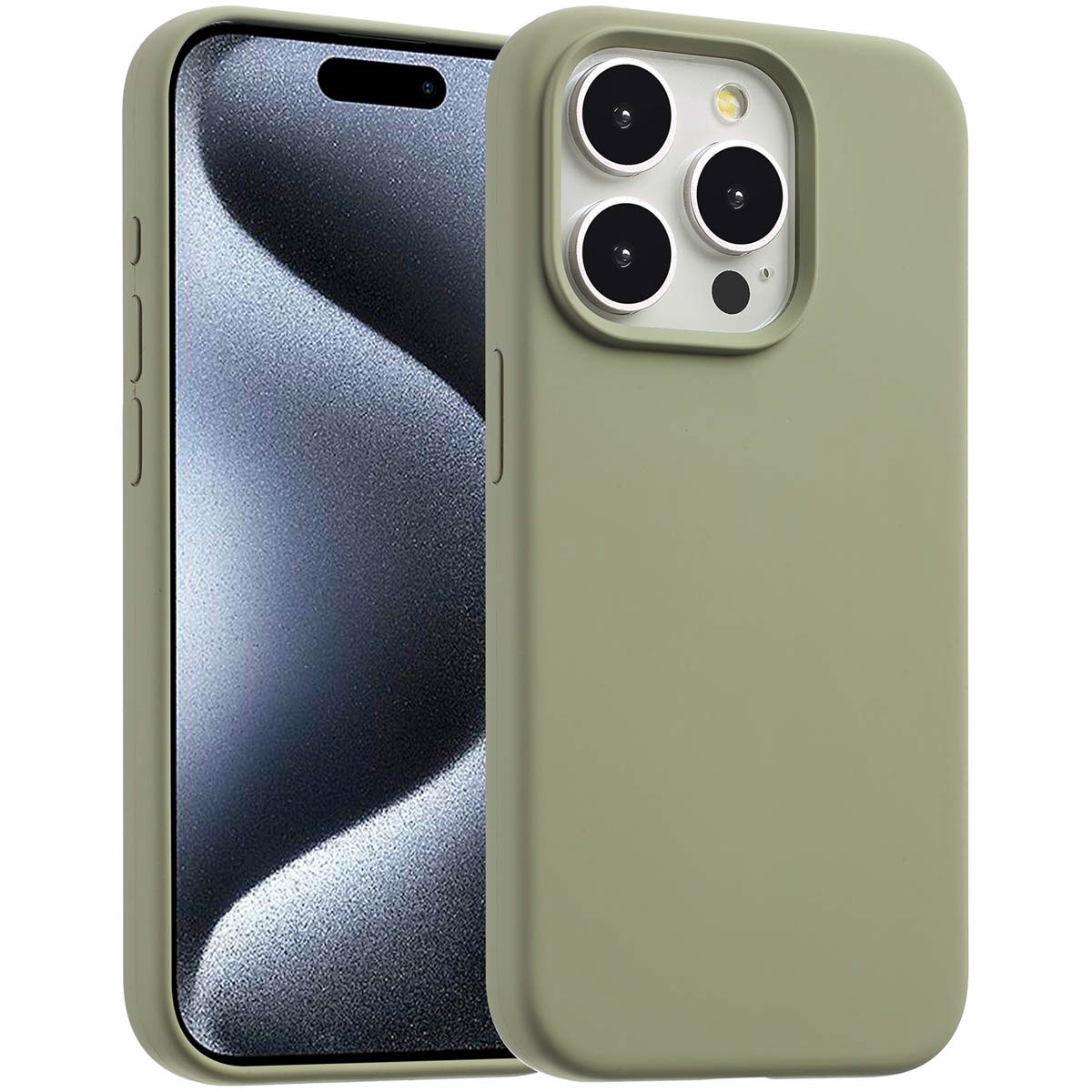 Een olijfgroene telefoonhoes en een telefoon. De telefoon toont een donkere, wazige achtergrond. De hoes heeft camera-uitsparingen en knoppen.