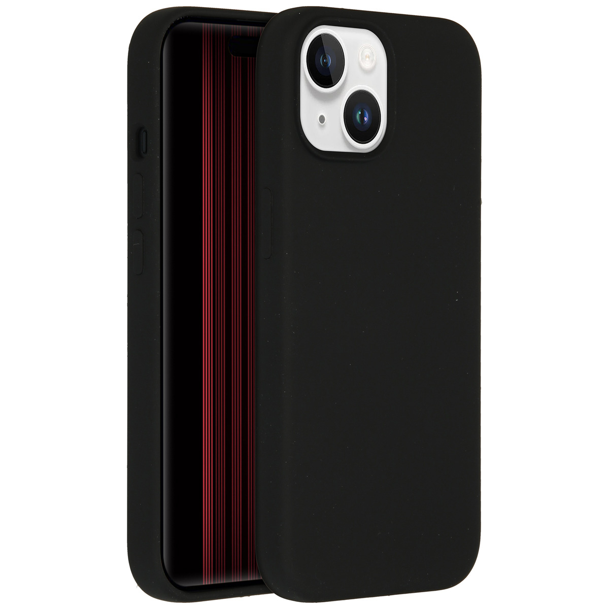 Een zwarte telefoonhoes met een telefoon erin. De telefoon heeft een zwart scherm met rode lijnen. Twee camera's zijn zichtbaar.