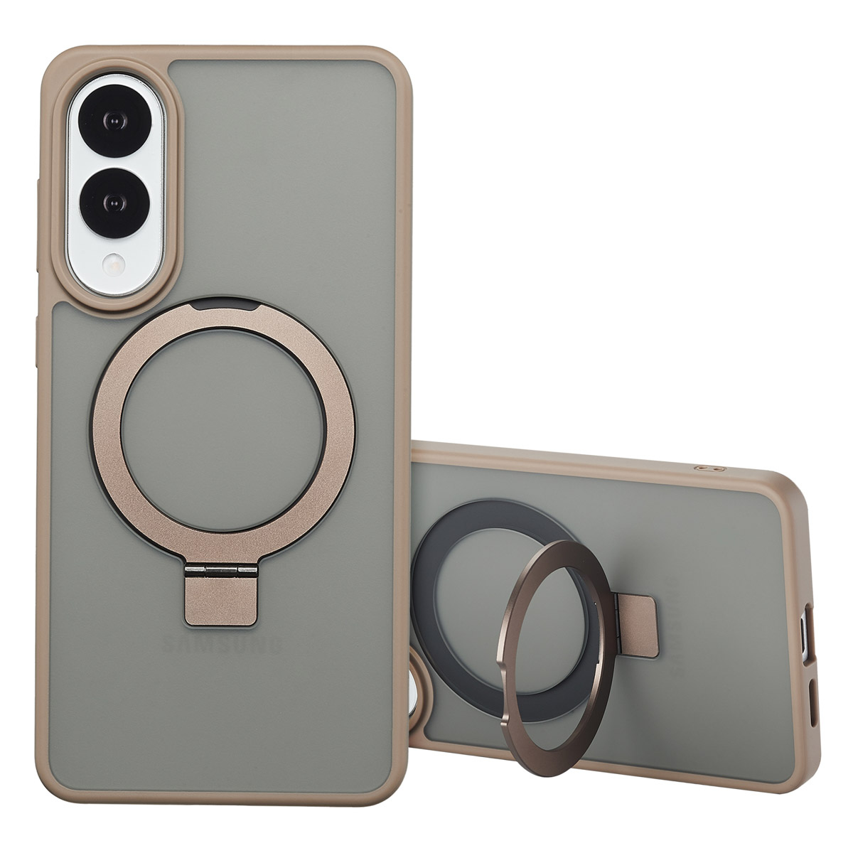 Twee telefoonhoesjes. Eén rechtop, één gekanteld. Beide grijs met beige randen en een cirkelvormige ringhouder.